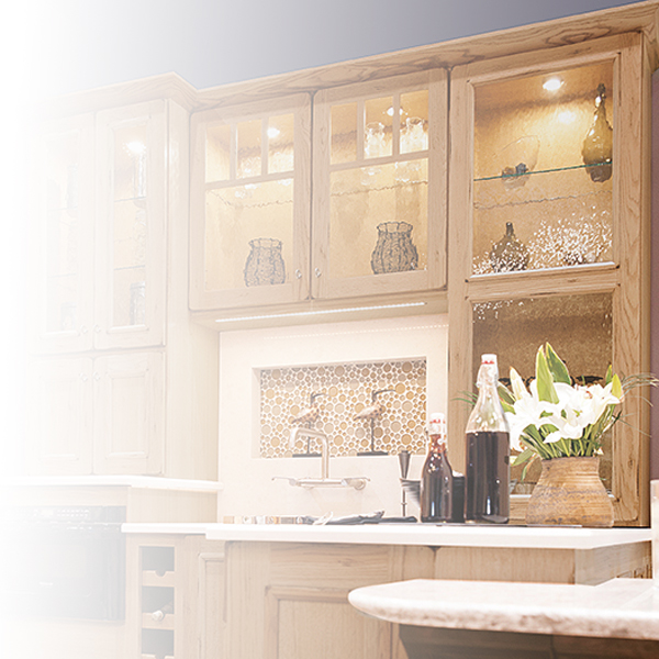Glass cabinets with light wooden frames